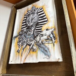 Egyptian Cat Skull Illustration Art Print - Black, White & Gold Accents